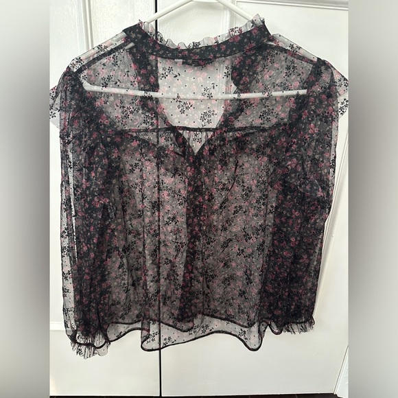 Zara Sheer Floral Black Blouse with Ruffles Size Medium Womens - Picture 16 of 16